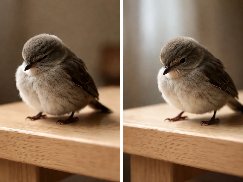 A small bird perched normally, with cues for safe resting vs possible distress shown through posture and balance.