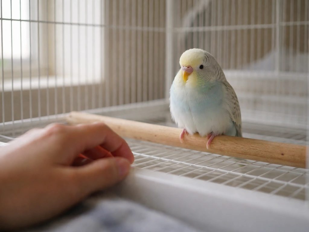 Close view of a calm small pet bird resting in a quiet cage while someone watches from a short distance