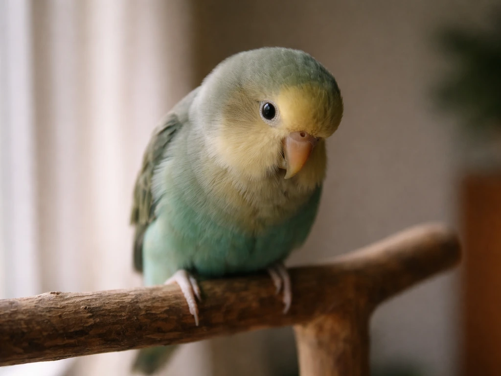 Close-up of a quiet pet parrot perched indoors, looking attentive as if it stopped talking suddenly.