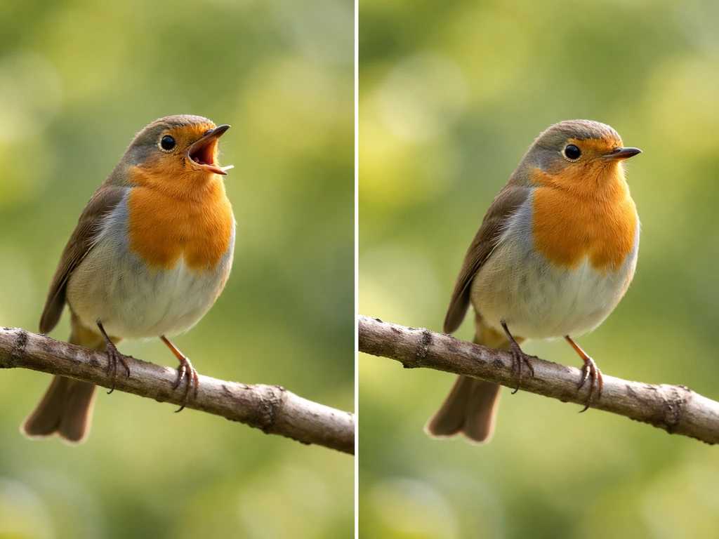 Close-up of a small songbird chirping on a branch versus the same bird in near-silence, softly lit.