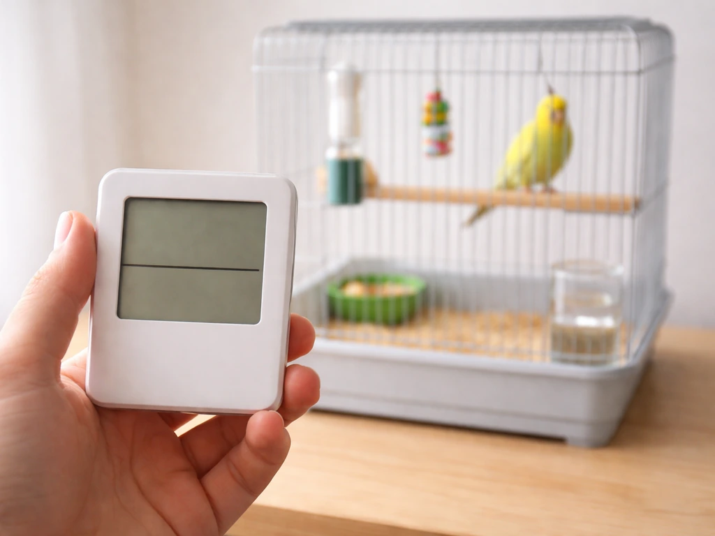 Hand holding a thermometer/hygrometer beside a birdcage during an environment check.