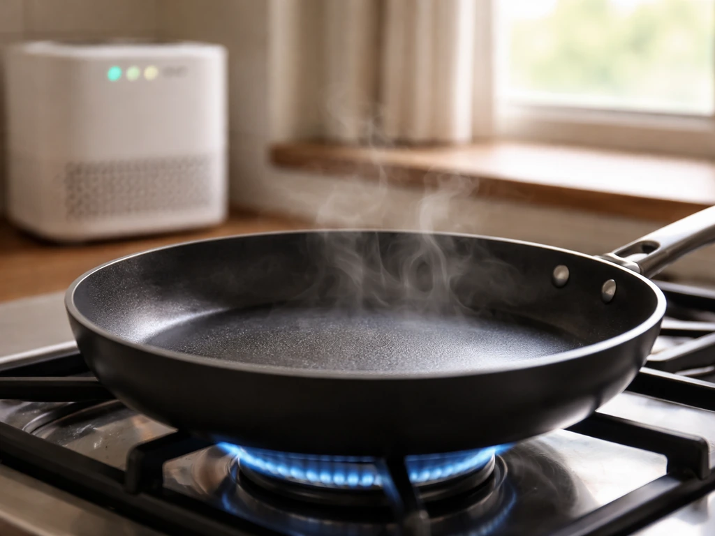 Nonstick pan on a stovetop with slight steam and an air purifier nearby indicating fume risk.