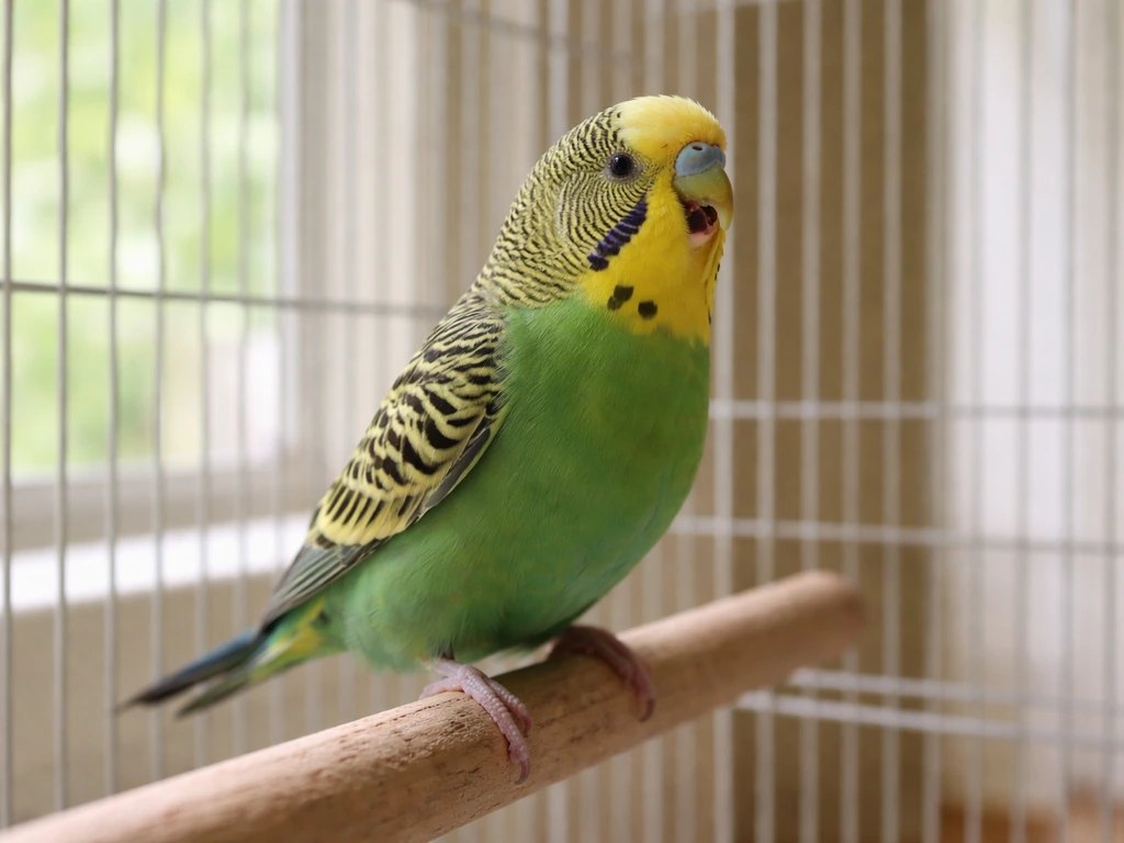 A parakeet inside a bright cage with its beak slightly open and subtle tail-bobbing posture.