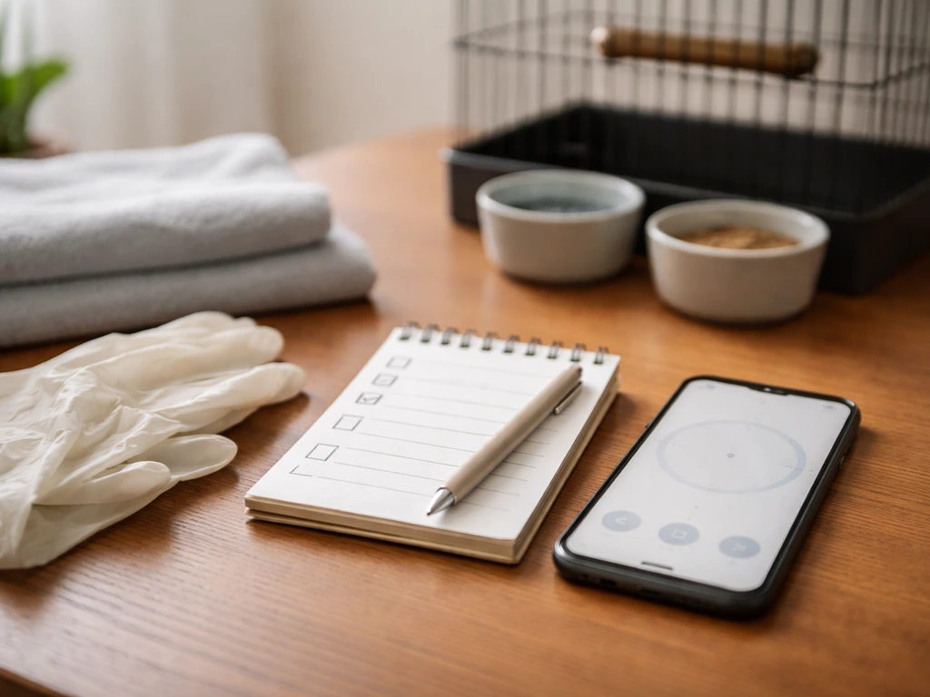 Phone timer and small notepad with checkboxes beside an empty birdcage setup, ready to track symptoms.