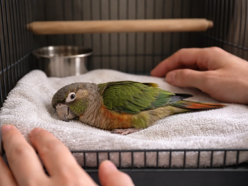 Parrot lying on its side in a quiet cage while a caregiver’s hands provide gentle emergency support.