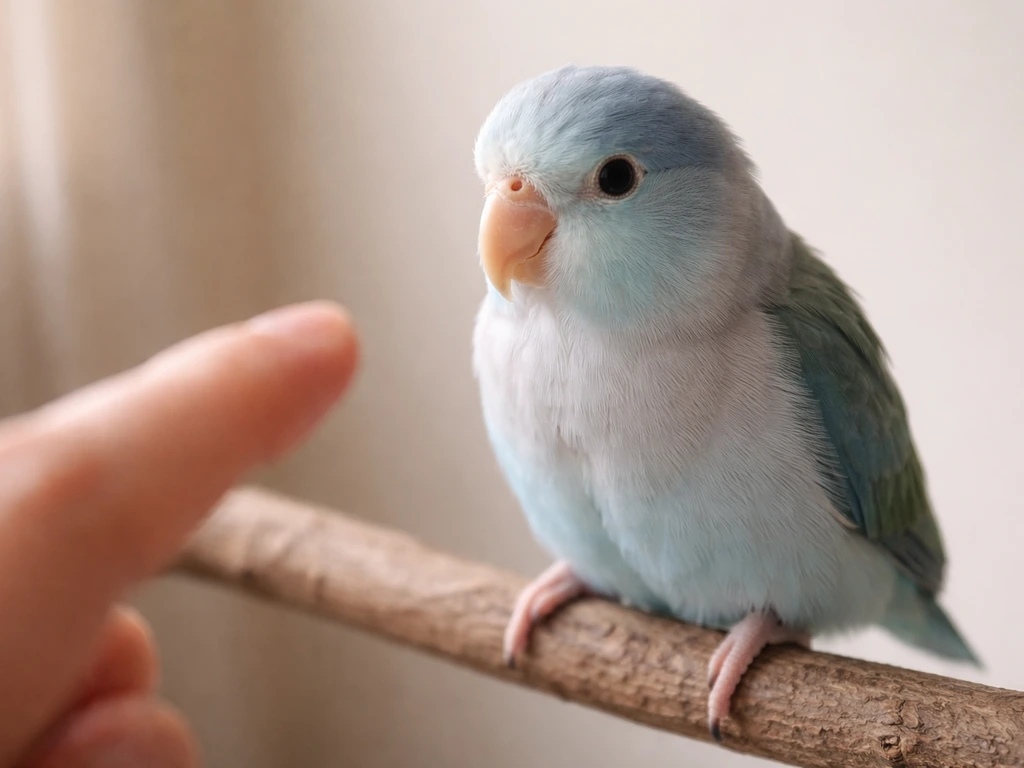 Close-up of an alert bird watching a finger nearby, tense posture showing responsiveness