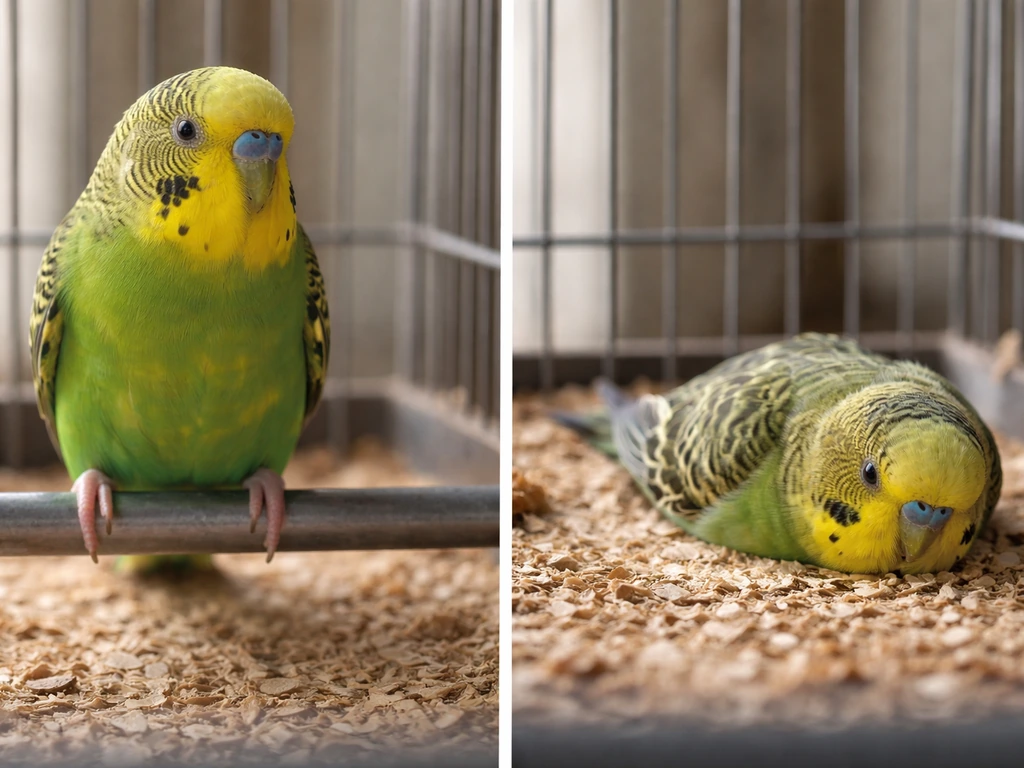 Close-up of a small pet bird gripping a cage perch versus one collapsed on the cage floor