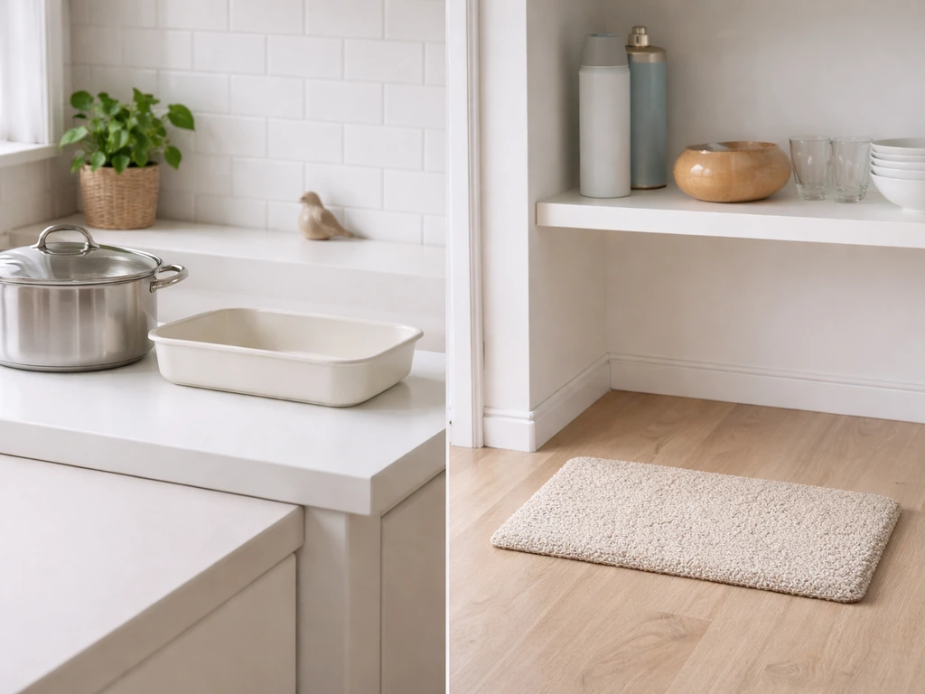 Minimal kitchen showing stainless cookware beside an off-limits aerosol can and essential oil diffuser.