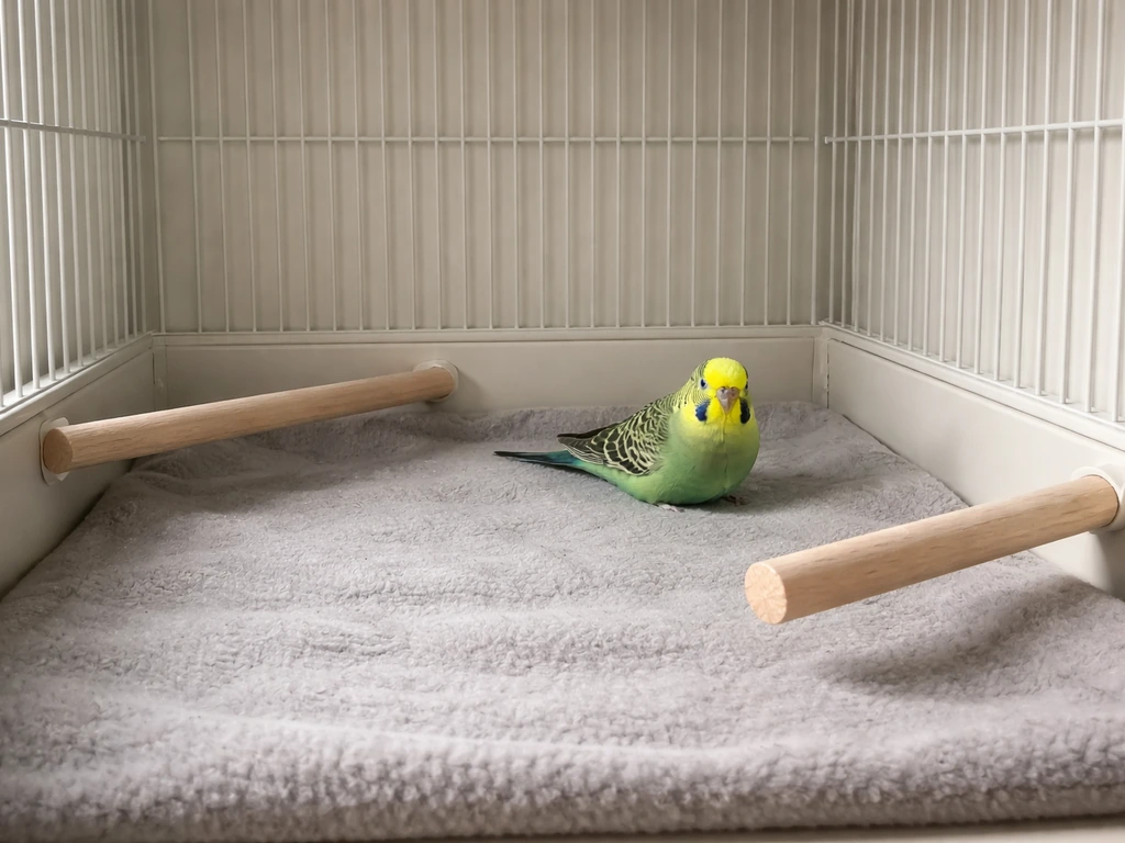 A small parakeet in a recovery cage with low perches and soft fleece padding on the floor.