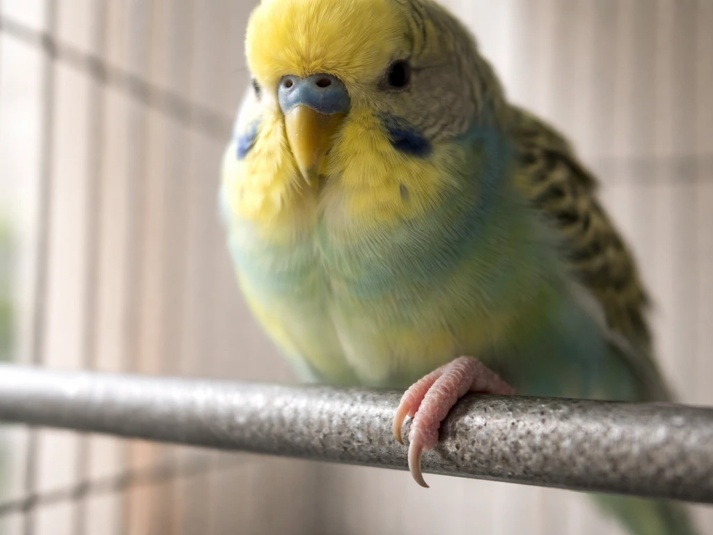 Close-up of a small pet bird perched on a cage perch, focused on the foot pad area.
