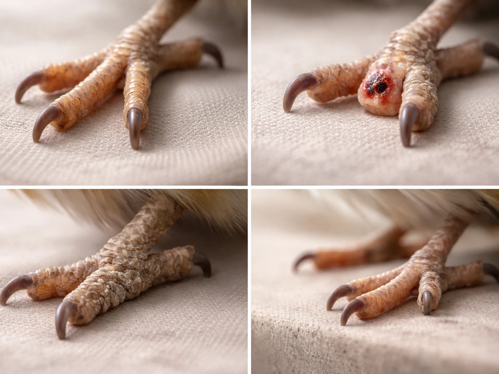 Four close-up views of a bird’s foot showing dry skin, bumblefoot sore, scaly irritation, and stress-related biting.