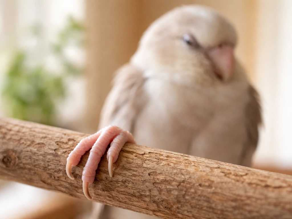 Close-up of a small bird’s foot on a wooden perch with the bird calmly resting in soft focus.