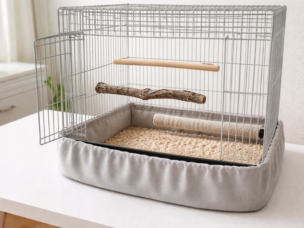 Open bird cage with multiple safe perch materials, clean dry setup, and a foot-safe irritation barrier accessory