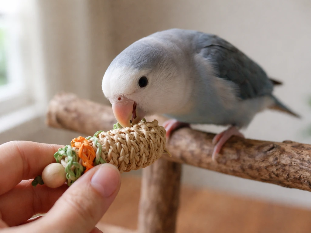 Small pet bird focused on a chew toy in a calm, hand-held indoor setting