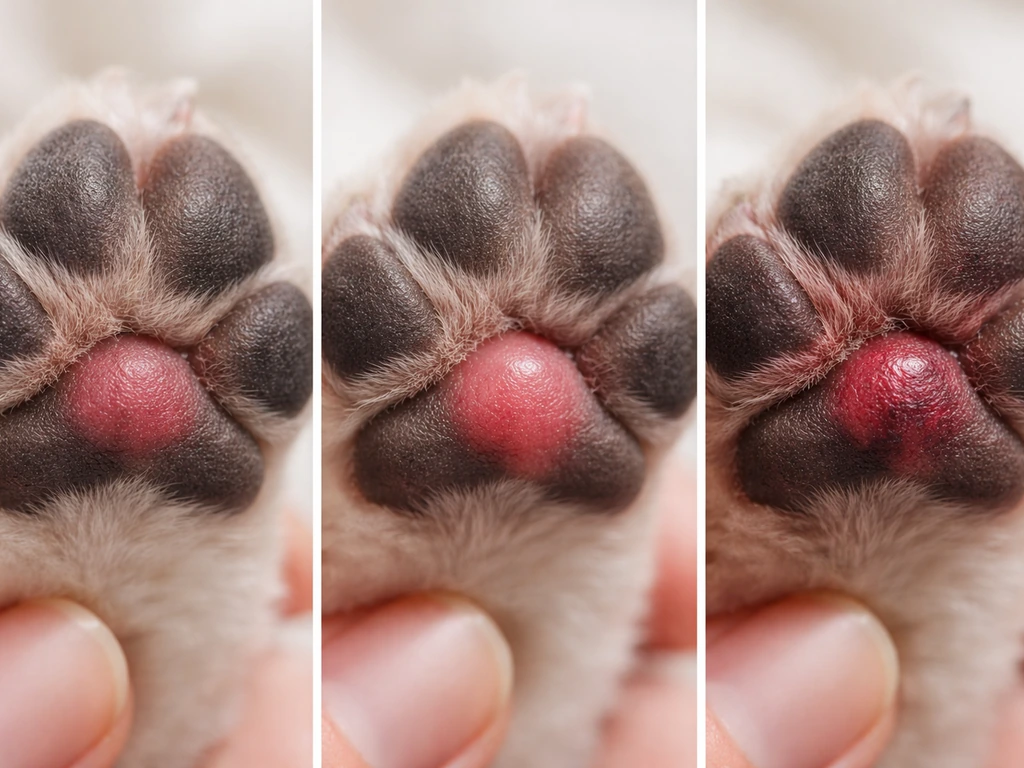 Staged closeups of a dog’s paw pads showing early red discoloration, thickened shiny skin, and severe damage.