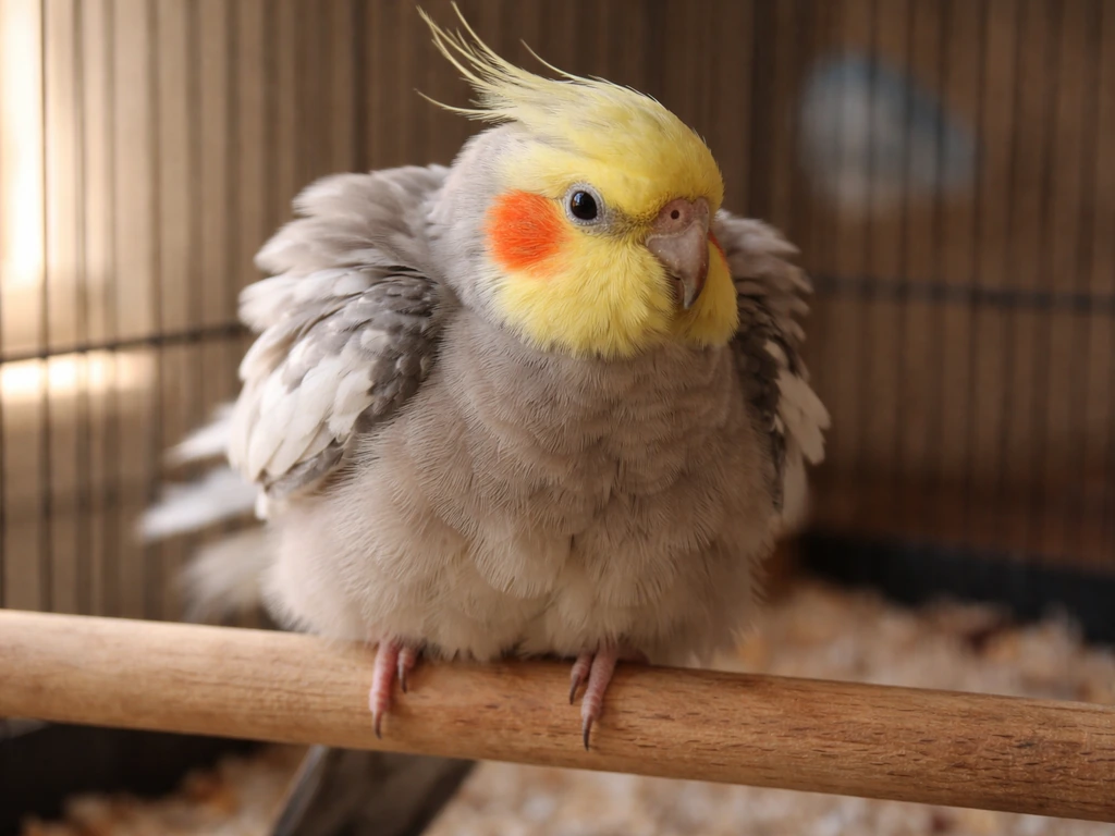 A cockatiel perched indoors, visibly shivering in a calm home setting