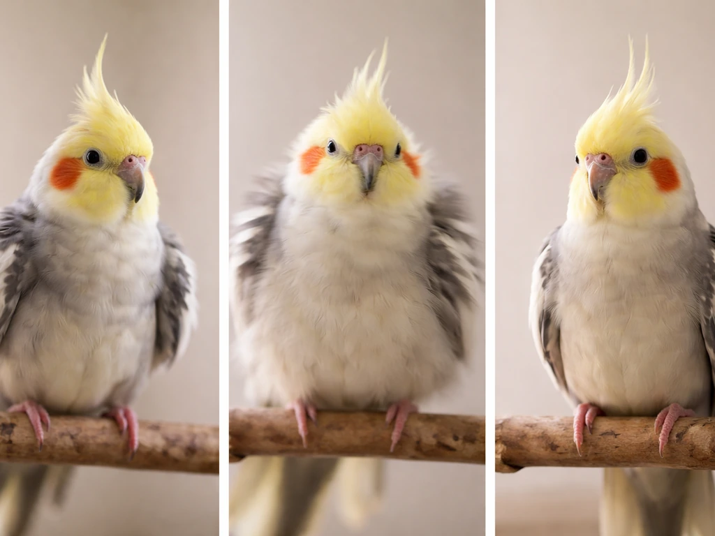 Three side-by-side shots of a cockatiel showing feather flutter, full-body shiver, and fine tremor.