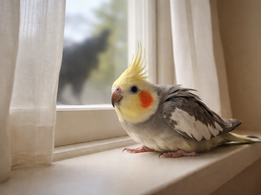 A cockatiel crouches near a window, wide-eyed and visibly startled in anxious tension.