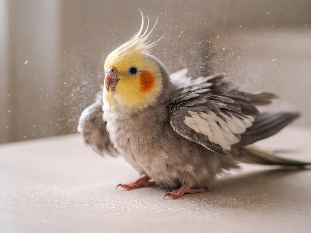 Cockatiel shaking ruffled feathers with a visible white dust cloud in a simple indoor setting