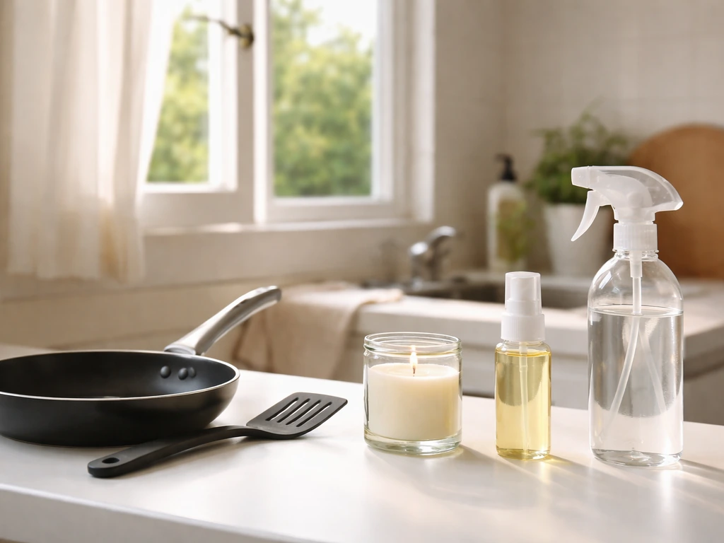 Kitchen counter by an open window with non-stick pan, scented candle, and cleaning sprays for hazard checking.