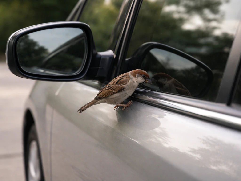 Small bird perched by a car’s side mirror, pecking at the door panel reflection area.