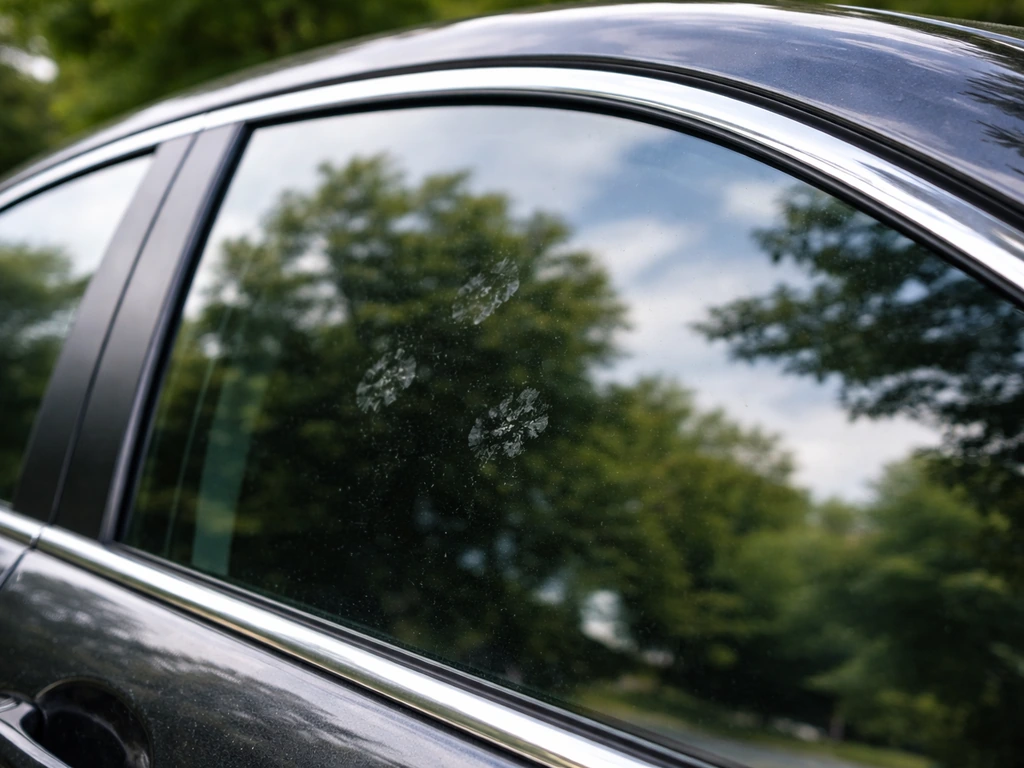 Close-up of a car window reflecting trees and sky like a mirror, with bird peck marks on the glass