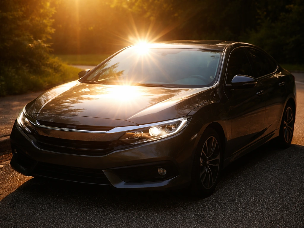 A car in low-angle sunrise/sunset glare, with bright reflections across its hood and windshield.
