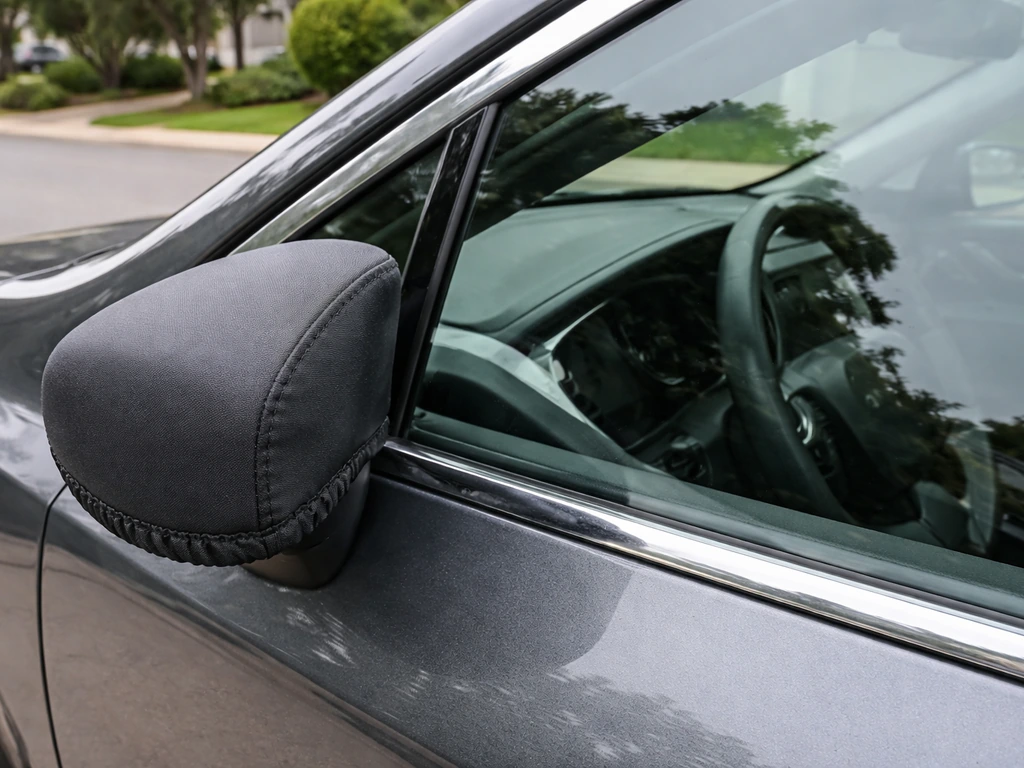 Close view of a car’s side mirror with durable protective cover and clear window film in daylight.