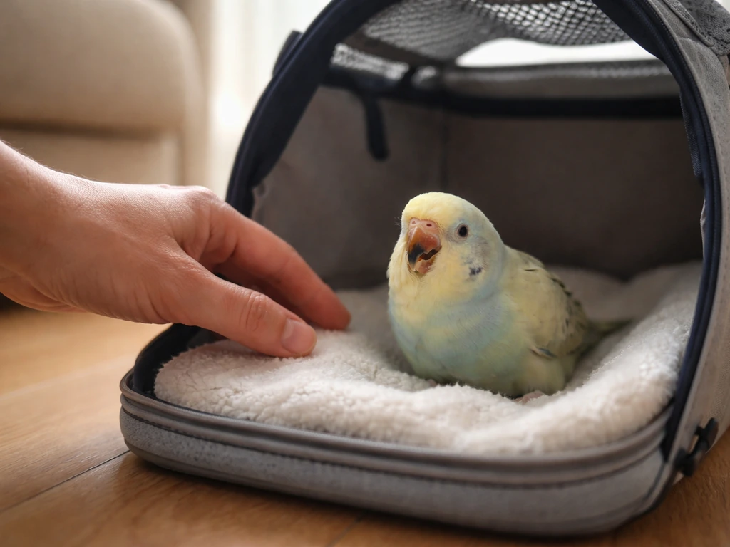 A small pet bird in a travel carrier at home while a concerned owner checks nearby, showing respiratory distress