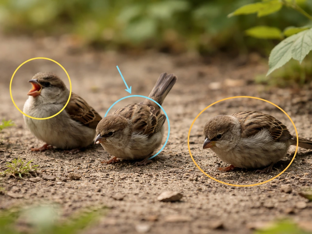 Three small birds showing distress cues: beak open-mouth breathing, tail bobbing, and hunched posture.