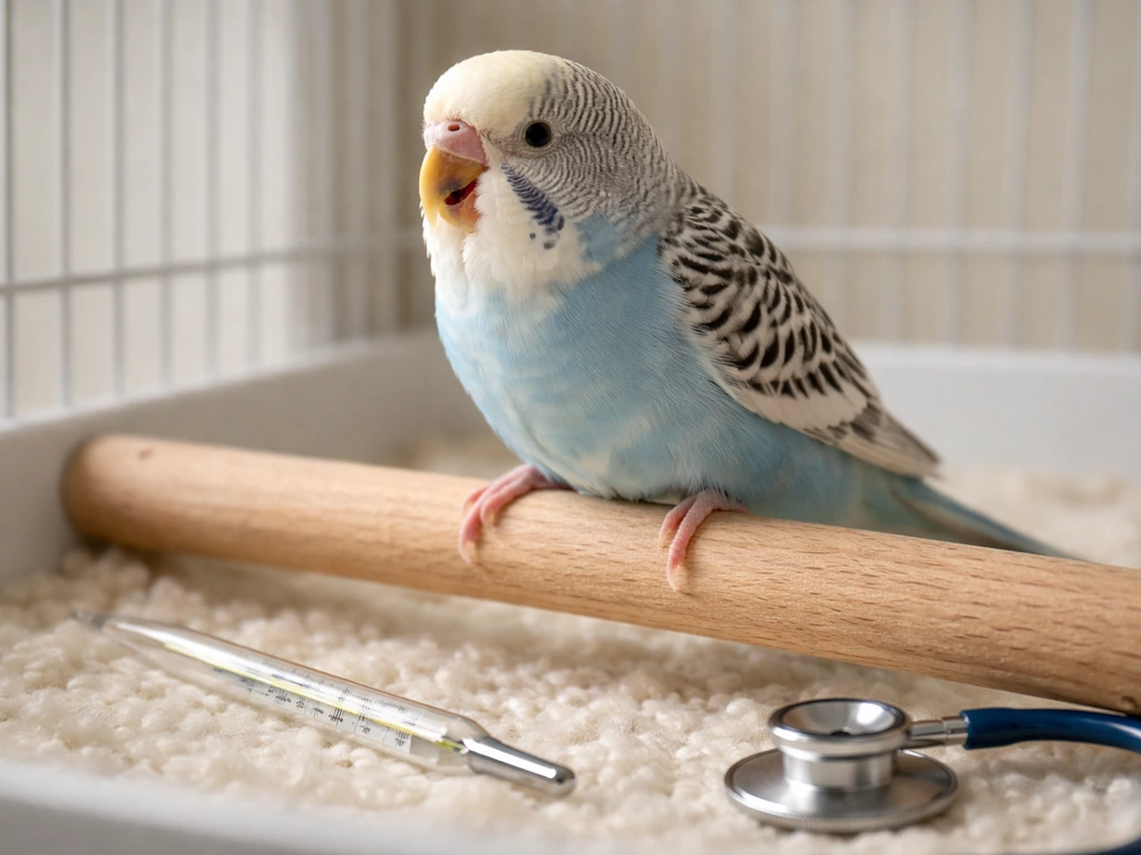 Closeup of a pet bird in a simple perch setup with a veterinary thermometer nearby, implying respiratory distress.