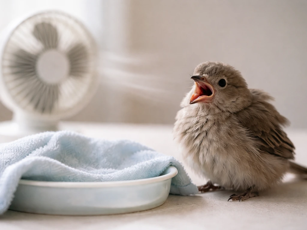 Fluffed bird panting with mouth open next to a simple towel-and-fan cooling setup.
