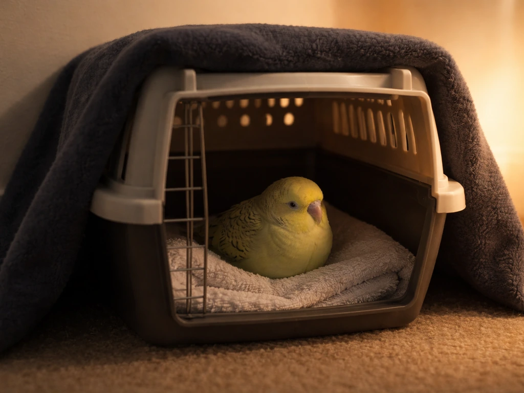 A small bird resting calmly inside a quiet, dim, warm carrier setup at home