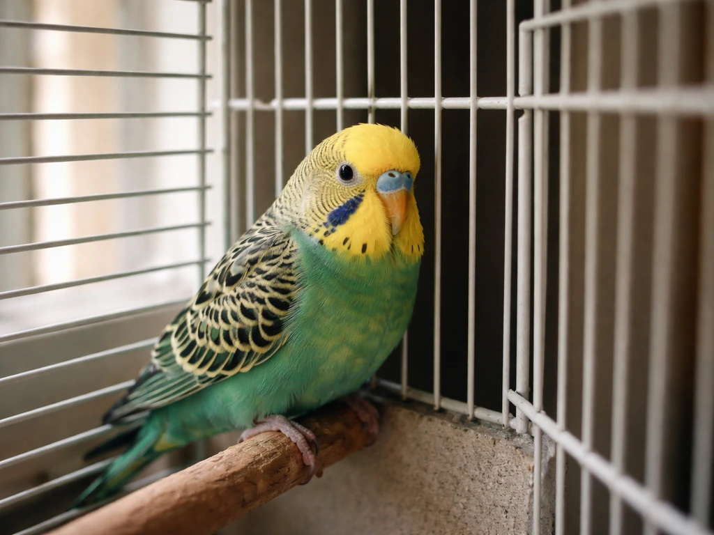 Small pet bird perched in the cage corner, tense but alert, in soft natural light.