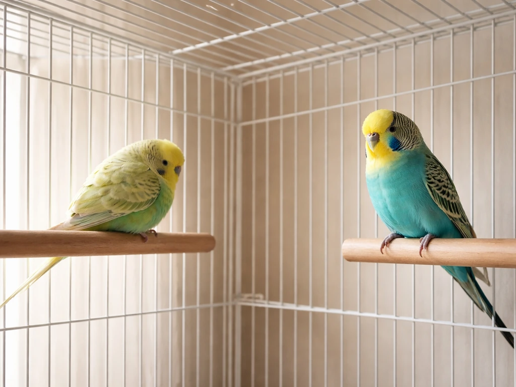 Two budgies calmly perched in different cage corners, one resting and one watching, with soft natural light.