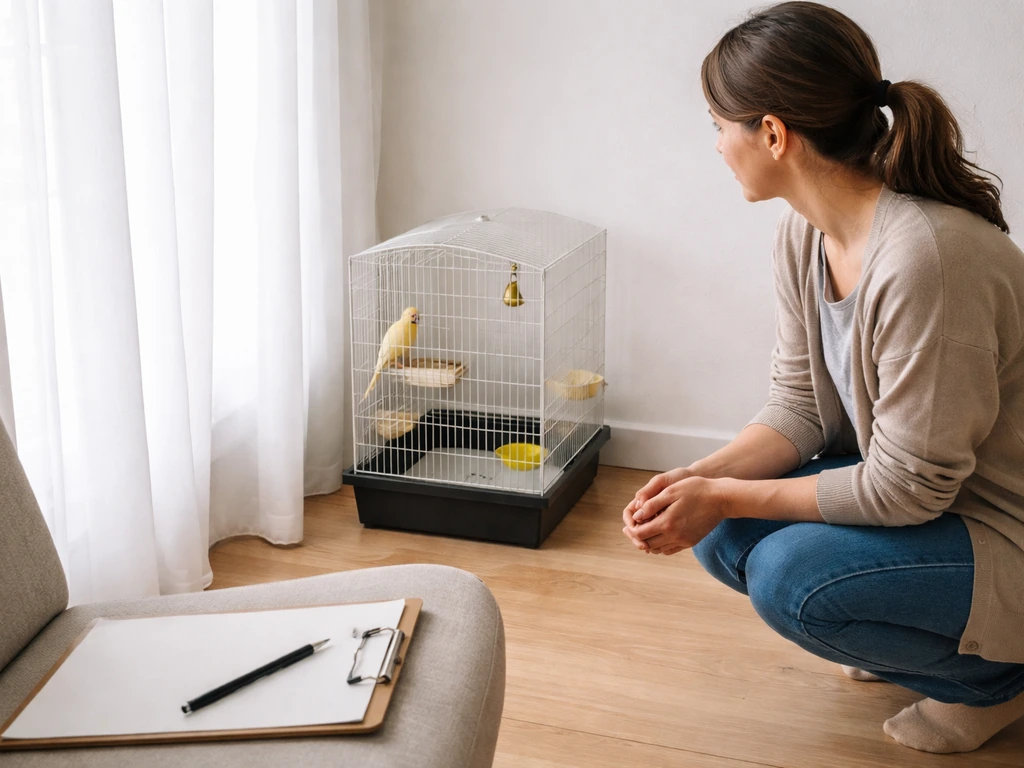 Caregiver kneeling near a corner birdcage, observing calmly with a blank clipboard nearby.