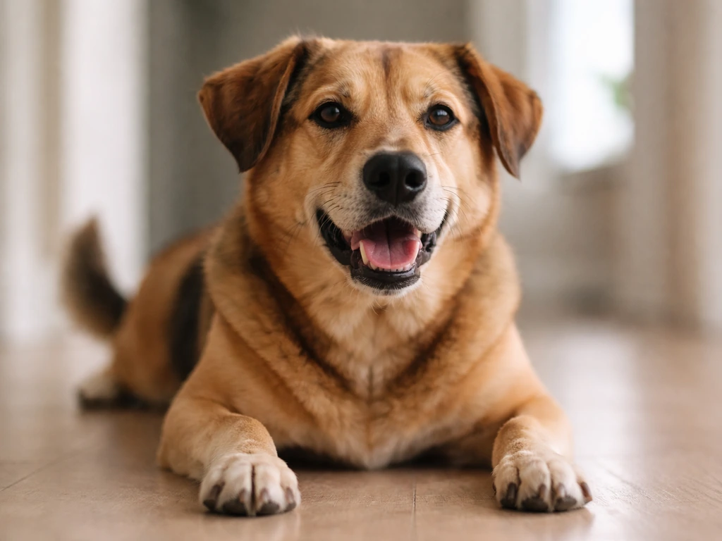 Close-up of a dog breathing with subtle tail-bobbing posture in natural light, showing open-mouth respiration.