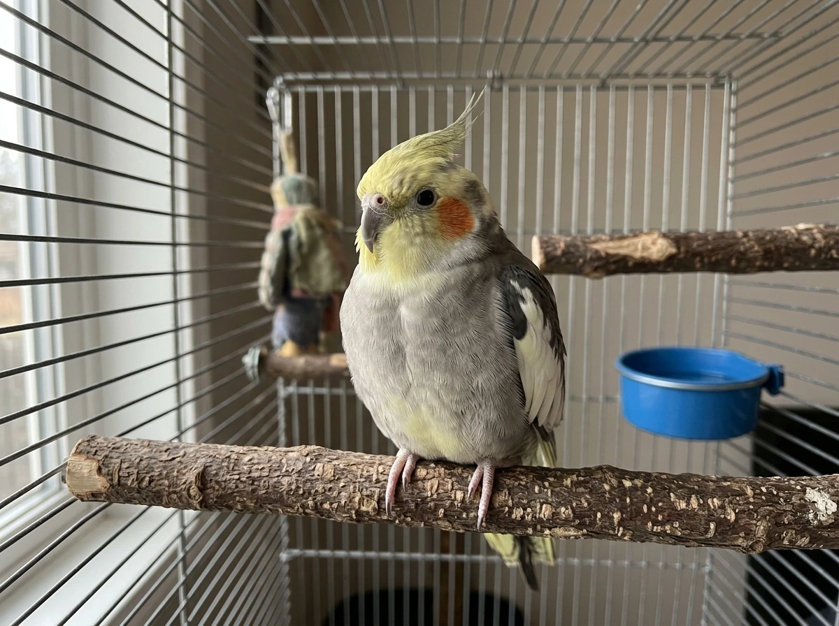 Parrot calmly puffed up on a perch, showing the contrast of comfort and alert posture