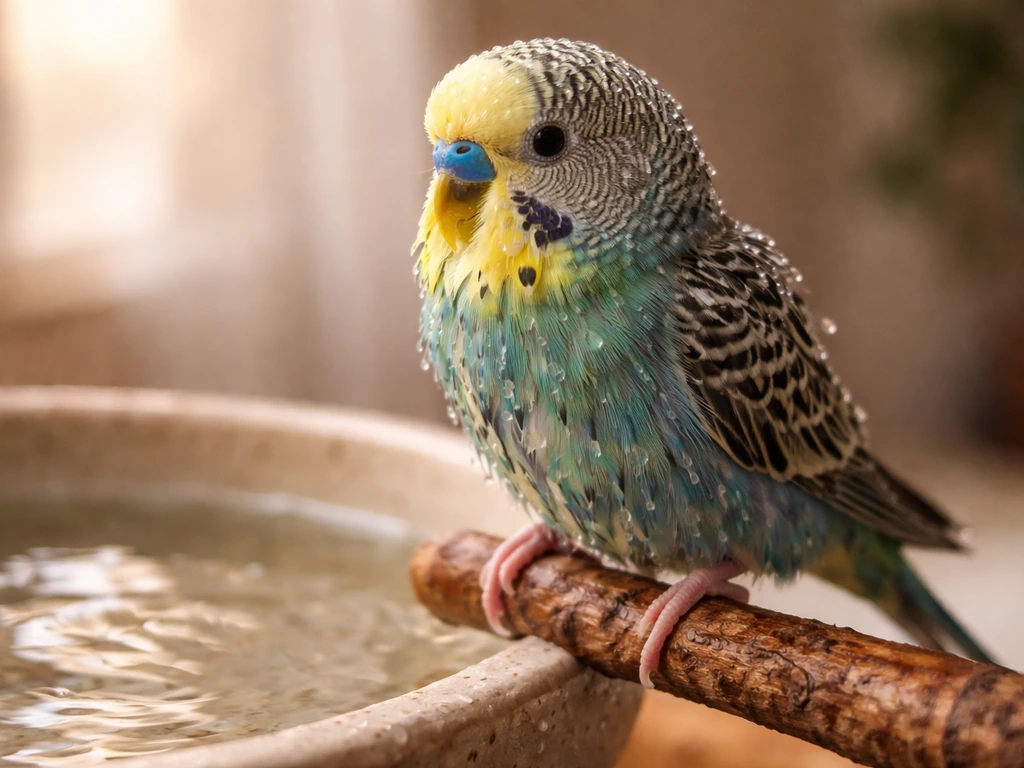 Small pet bird perched beside a shallow bath with visible water droplets on its feathers after bathing.