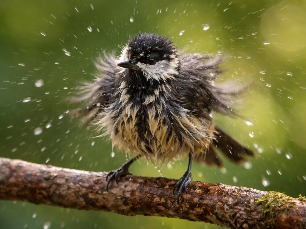 Small bird shaking off water after a bath, feathers puffed with subtle motion blur