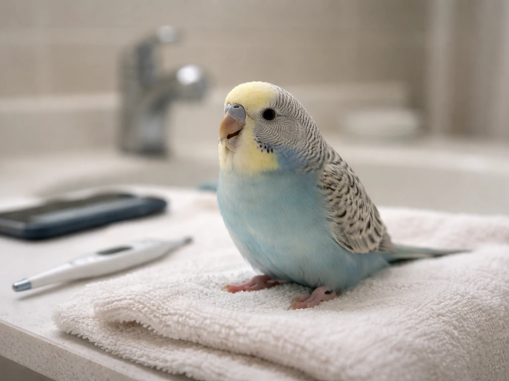 Calm small pet bird on a towel with thermometer nearby, showing subtle persistent open-mouth breathing cues.