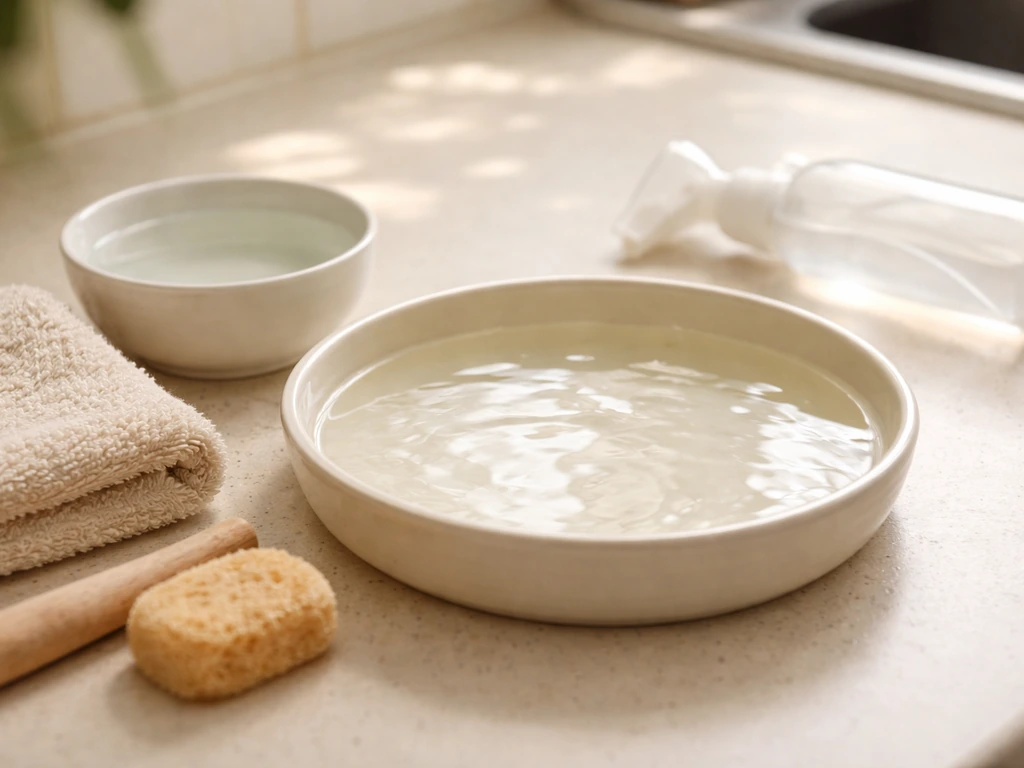 Shallow dish of lukewarm water and gentle bath items prepared on a kitchen counter, no bird shown.
