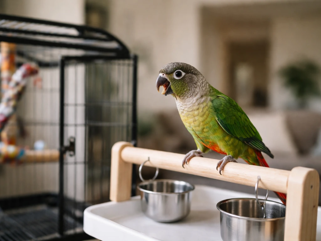 Small pet parrot perched on a play stand, alert and slightly turned head as if warning with a hiss.
