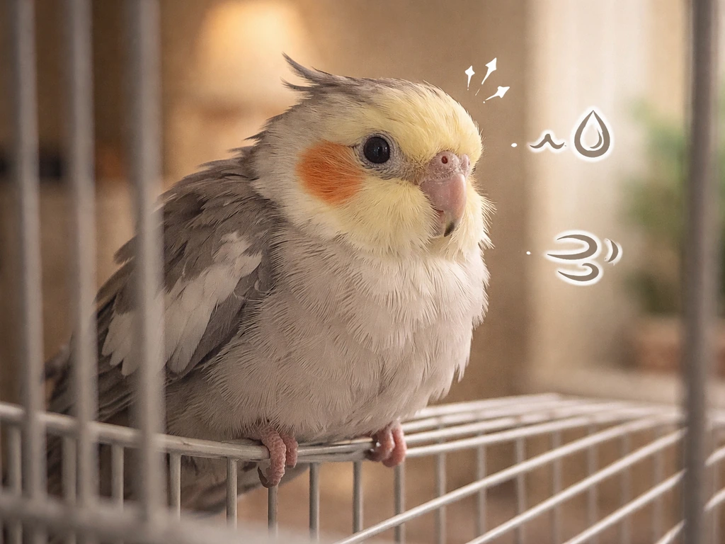 Small pet bird perched near cage bars with subtle icon callouts suggesting stress vocalizations.