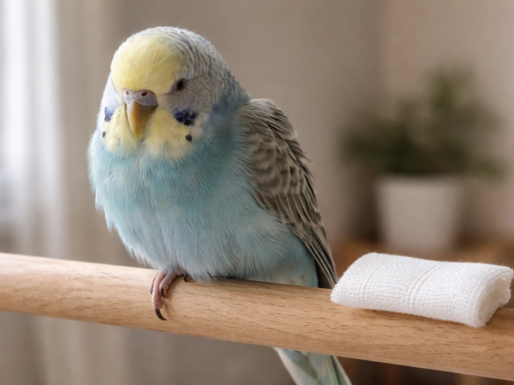 Small bird perched indoors, fluffed feathers and guarded posture, with a small bandage beside the perch.