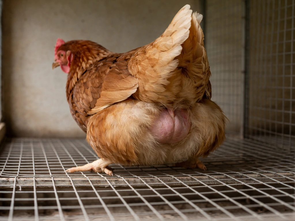 A hen in a cage perched low with a tense straining posture, showing the vent area from outside.