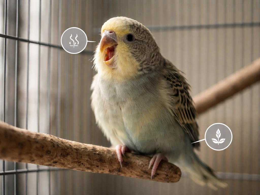 Distressed pet bird in a cage showing open-mouth breathing and tail bobbing, urgent vet call red flags.