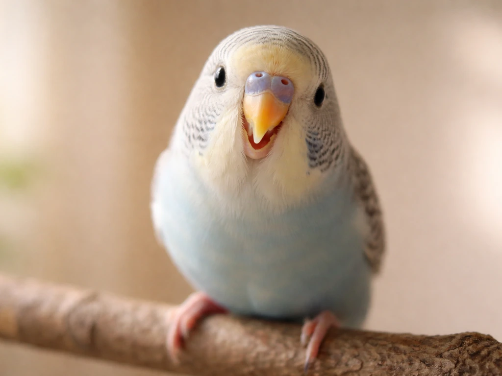 Close-up of a small pet bird perched near the camera, beak detail visible, alert posture.