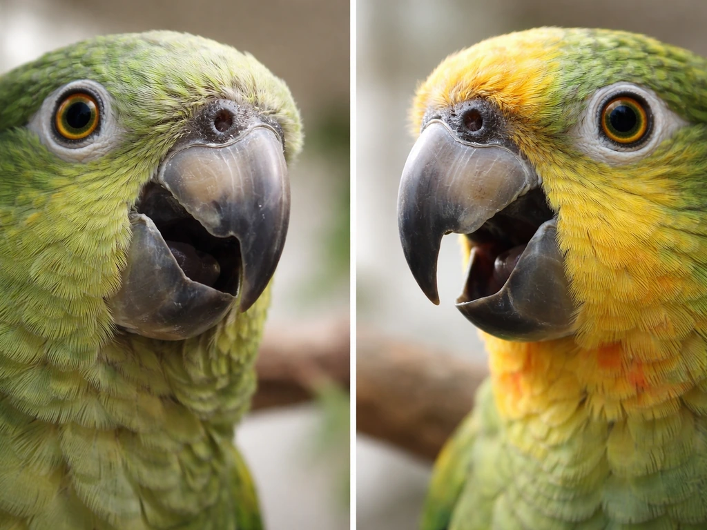 Close-up of a parrot’s beak showing different natural beak positions to represent beak-noise categories.