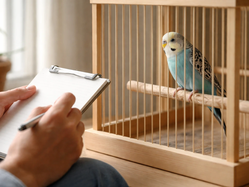 Bird owner quietly watching a pet bird while jotting notes on a simple sheet